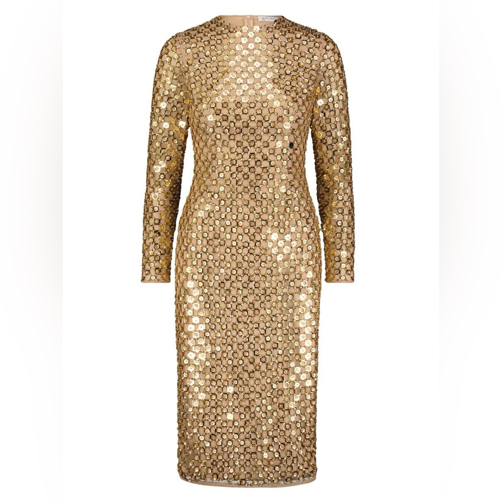 ✨ Mac Duggal Gold Beaded Georgette Long Sleeve Fitted Midi Dress ✨ size 14 - Picture 1 of 10